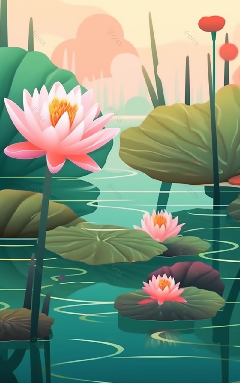 绿色古典风格池塘里荷叶荷花背景,插画/手绘图,插画/手绘图库,插画/手绘图下载,插画/手绘